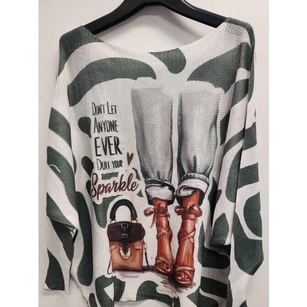 OS LOOWIE Green & White Graphic Crewneck Sweater with Motivational Print